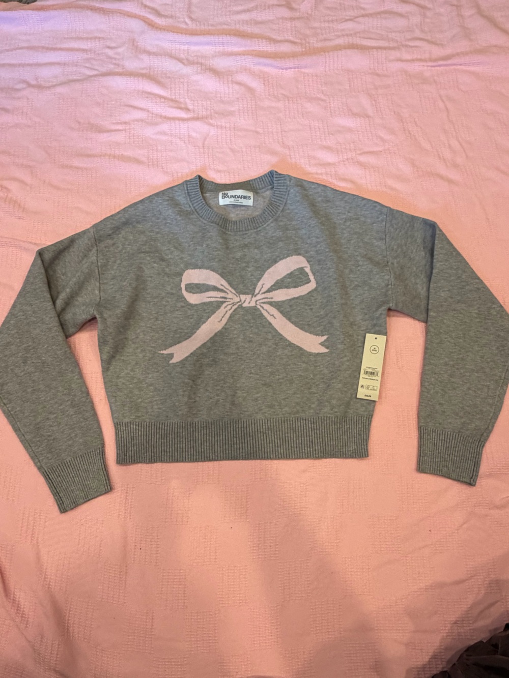 No Boundaries Cropped Gray Knit Sweater with Pink Bow